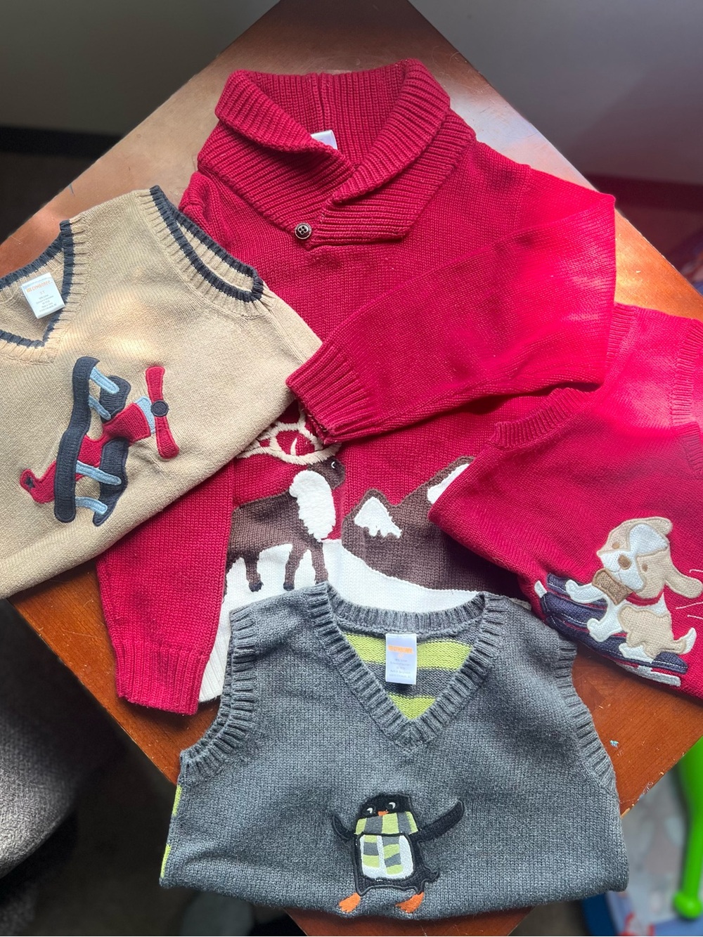 Gymboree Red Shawl-Collar Reindeer Sweater with Neutral and Gray Knit Vests